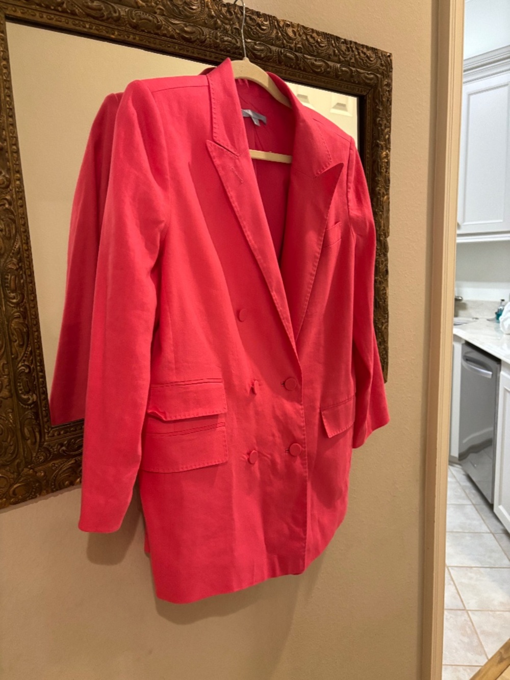 Antonio Melani pink linen double breasted blazer .